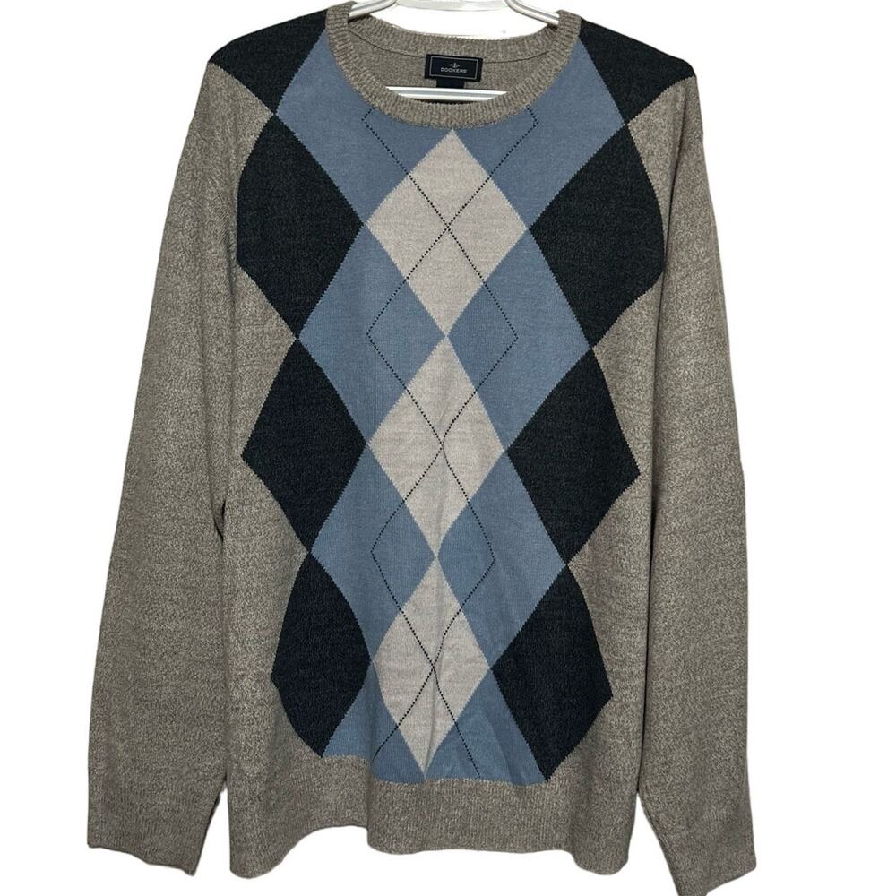 Dockers Men's Blue Gray Argyle White Long Sleeve Sweater Size XL‎
